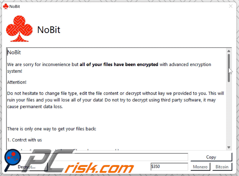 Nota de resgate (pop-up) do ransomware NoBit GIF