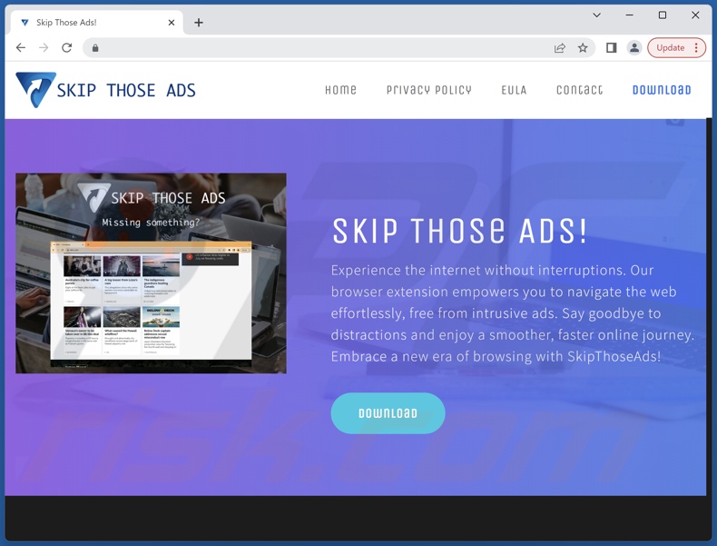 Site que promove o adware Skip Those Ads