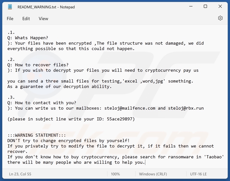 Nota de resgate do ransomware Steloj (README_WARNING.txt)