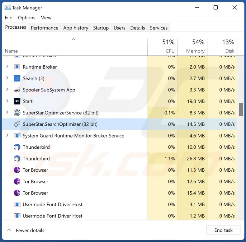 Processos SuperStar.SearchOptimizer e SuperStar.OptimizerService em execução no Gestor de Tarefas