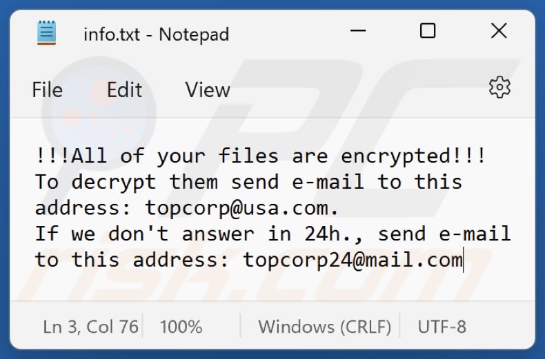 Ficheiro de texto do ransomware Top (info.txt)