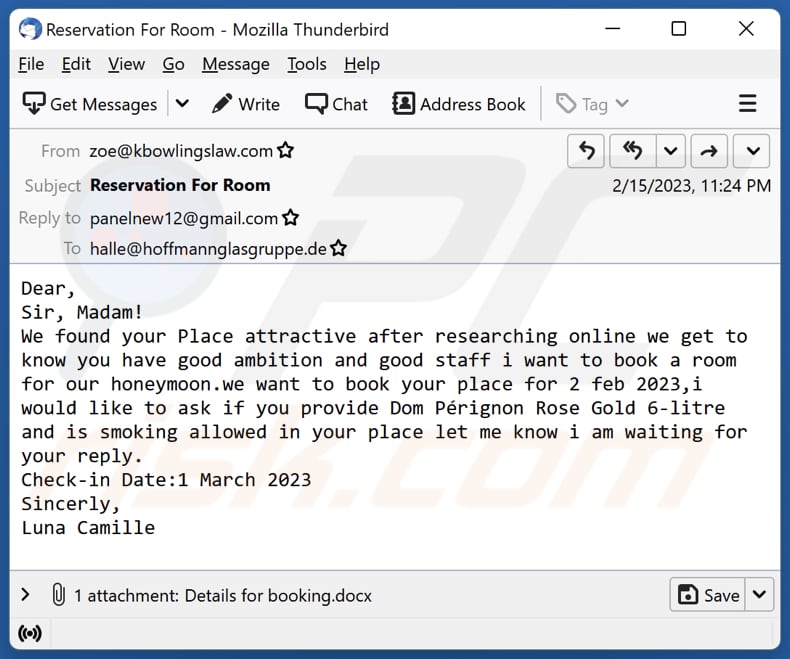 Email que distribui XWorm com um ficheiro malicioso anexado (Details for booking.doc)
