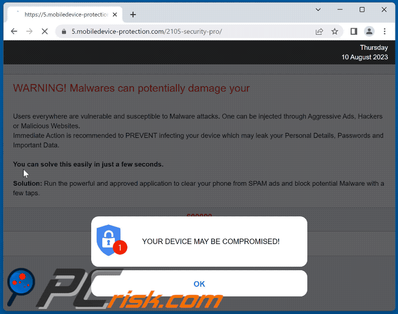 Aparência da fraude YOUR DEVICE MAY BE COMPROMISED (GIF)