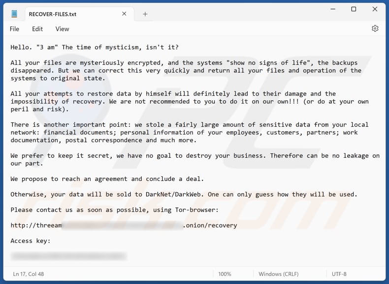 Ficheiro de texto do ransomware 3AM (RECOVER-FILES.txt)