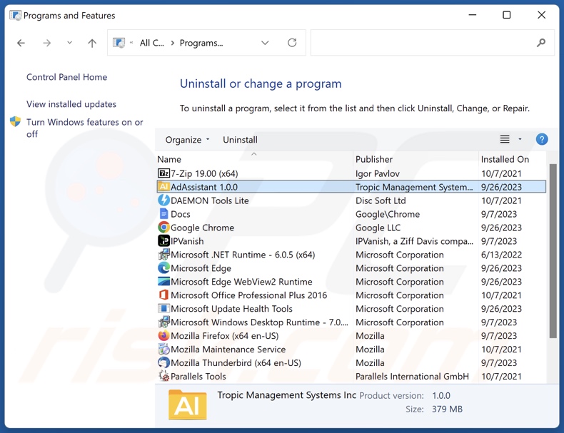 Desinstalação do adware AdAssistant via Painel de Controlo