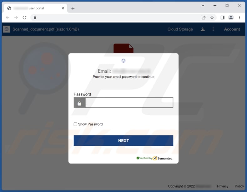 Adobe PDF Site de phishing partilhado utilizado para extrair credenciais de início de sessão de contas de email