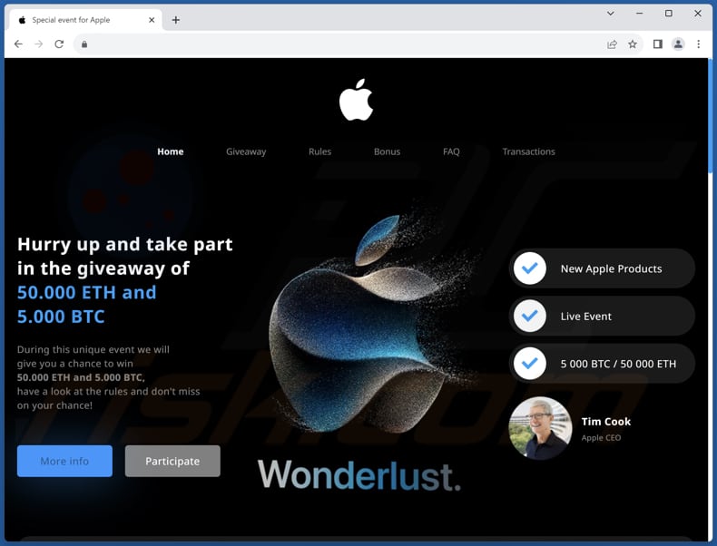 Segunda variante da fraude POP-UP Apple Crypto Giveaway