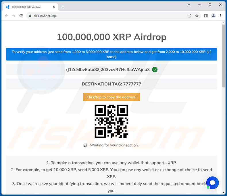 Instruções de transacções em cripto, pela fraude POP-UP Brad Garlinghouse Crypto Giveaway