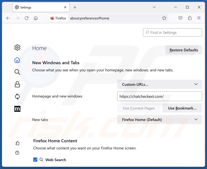 Removendo o chatcheckext.com da página inicial do Mozilla Firefox