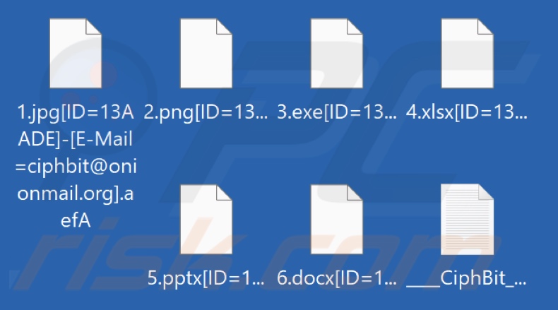 Ficheiros encriptados pelo ransomware CiphBit (extensão composta por 4 caracteres aleatórios)
