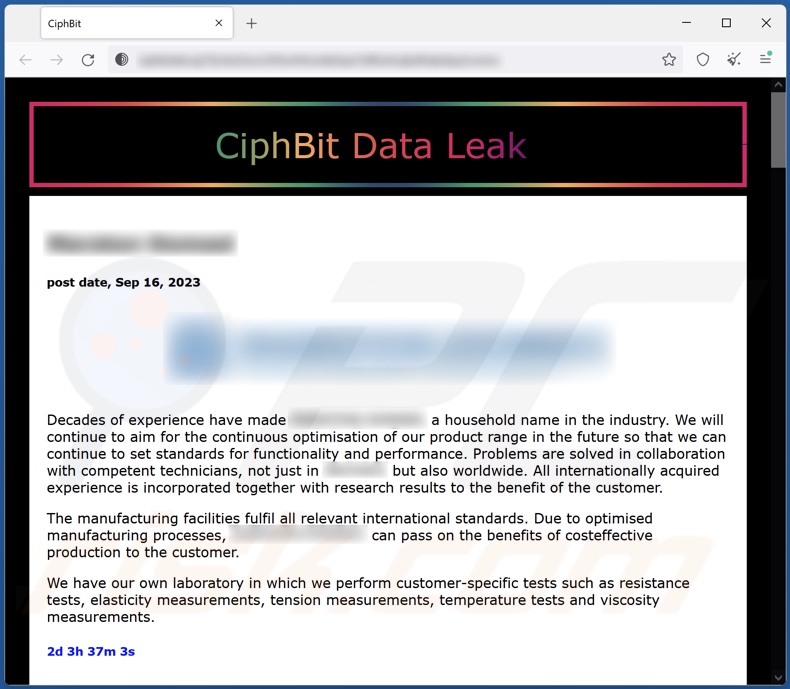 Site de fuga de dados do ransomware CiphBit na rede Tor