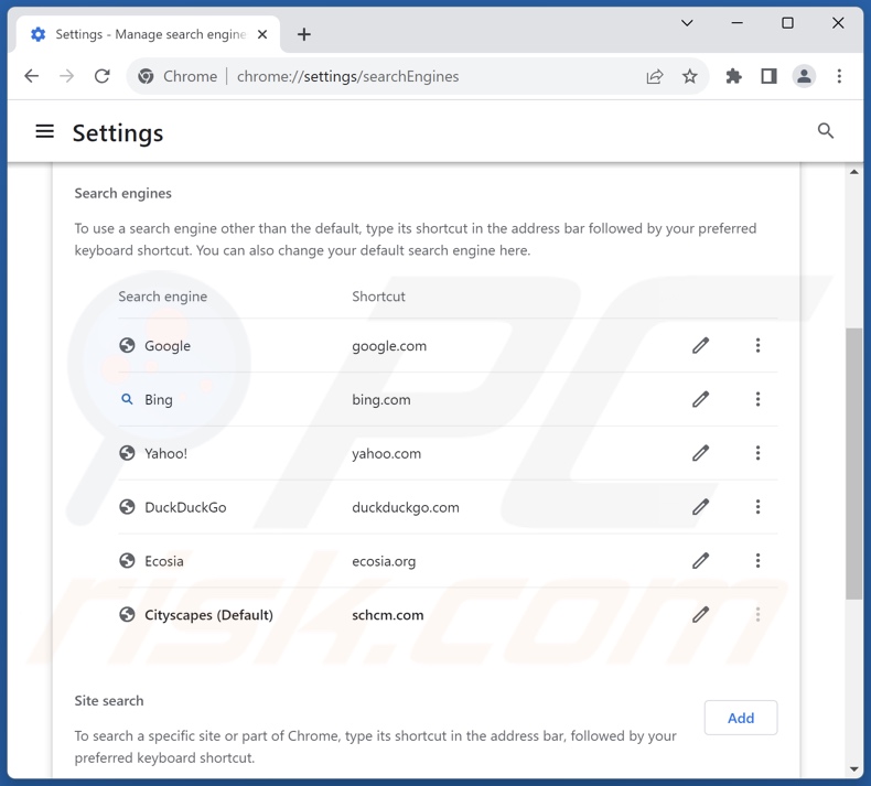 Remoção do schcm.com do motor de pesquisa pré-definido do Google Chrome