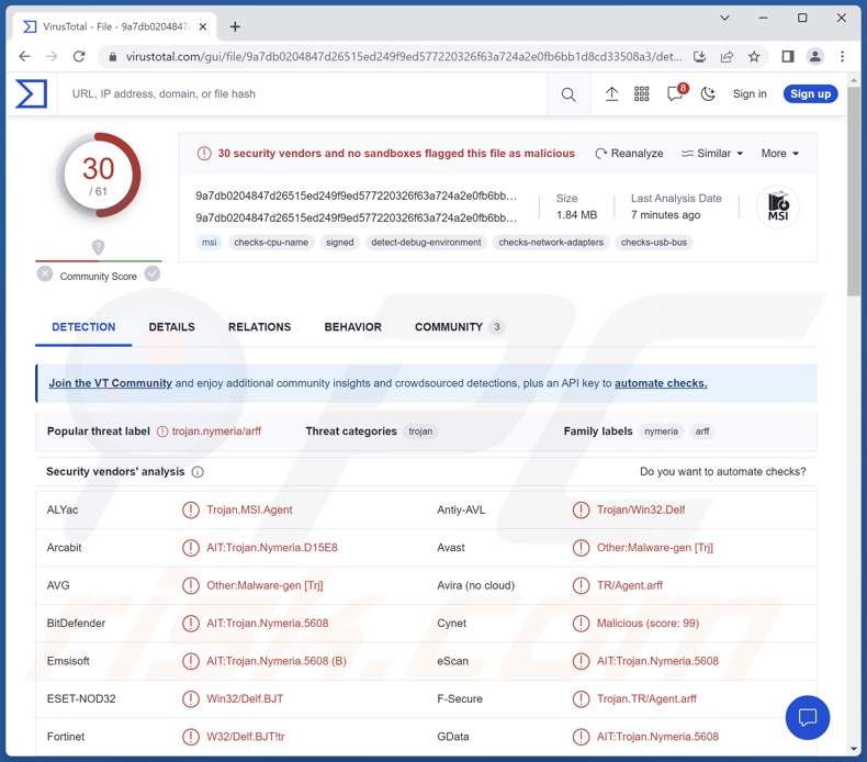 Detecções do malware DarkGate no VirusTotal