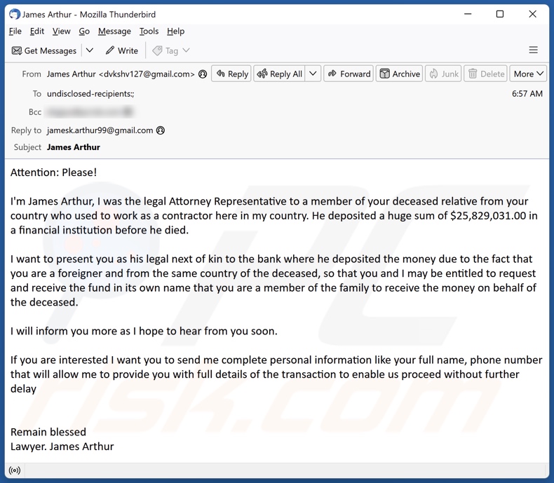 Campanha de spam por email de Deceased Relative