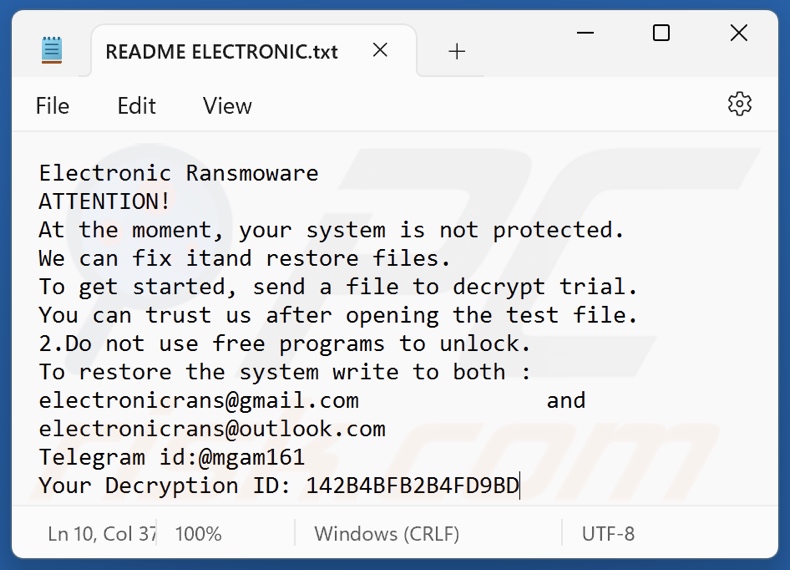 Nota de resgate do ransomware Electronic (README ELECTRONIC.txt)