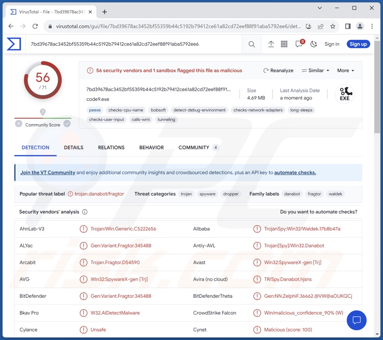 Detecções do malware HijackLoader no VirusTotal