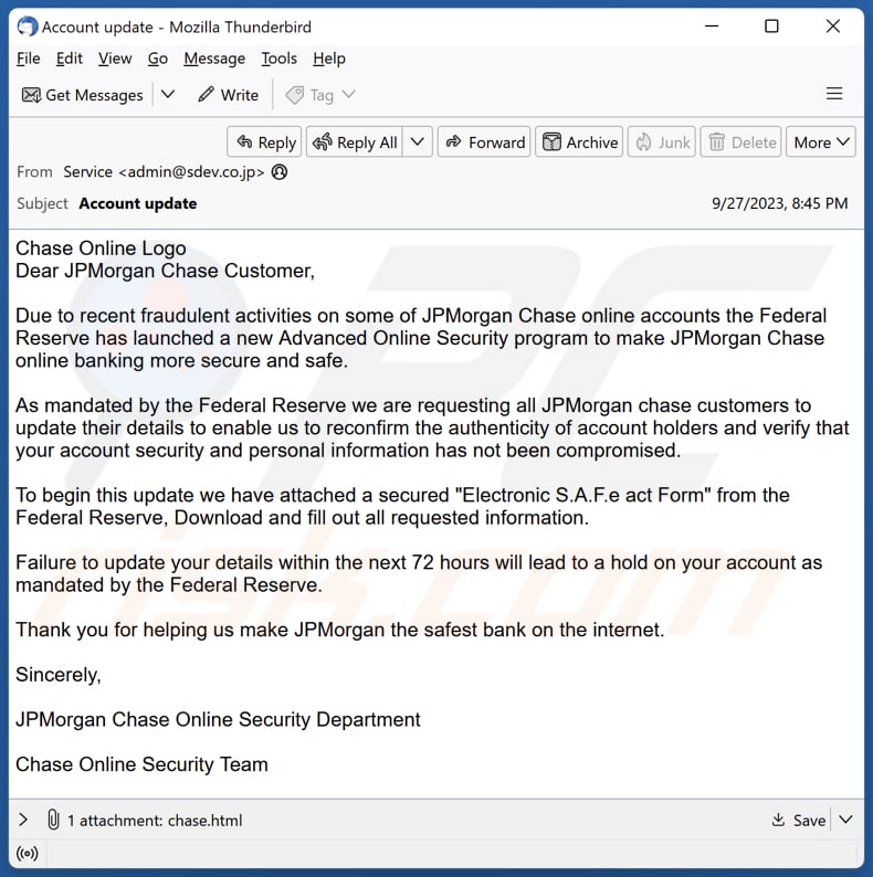 Fraude por email JPMorgan Chase Online Security Department