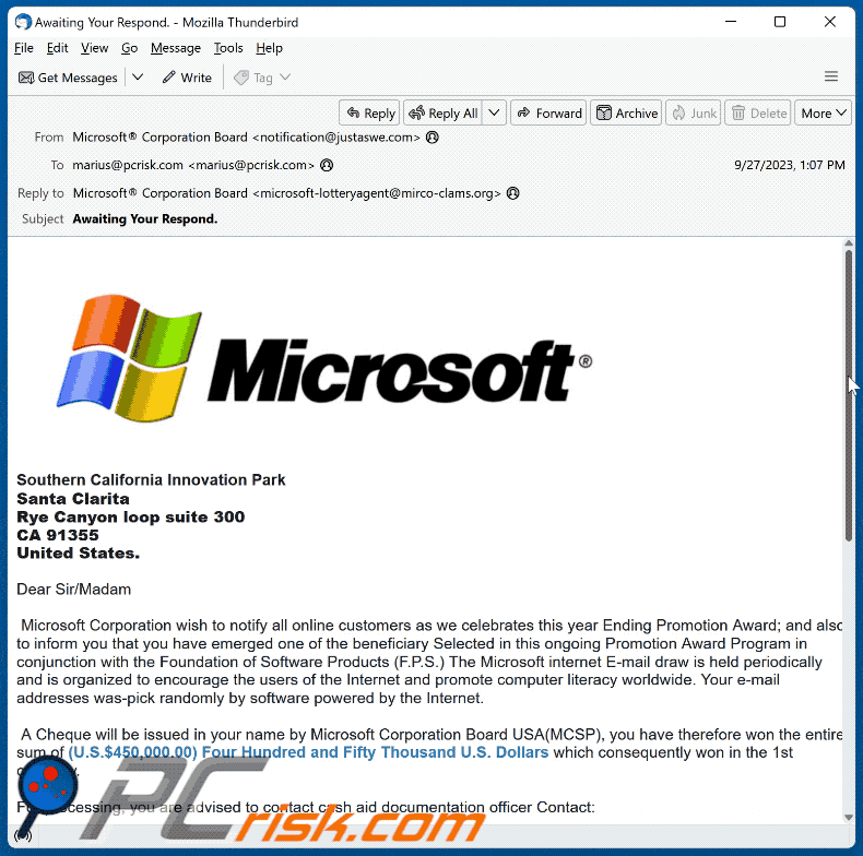 Aparência da fraude por email Microsoft Ending Promotion Award