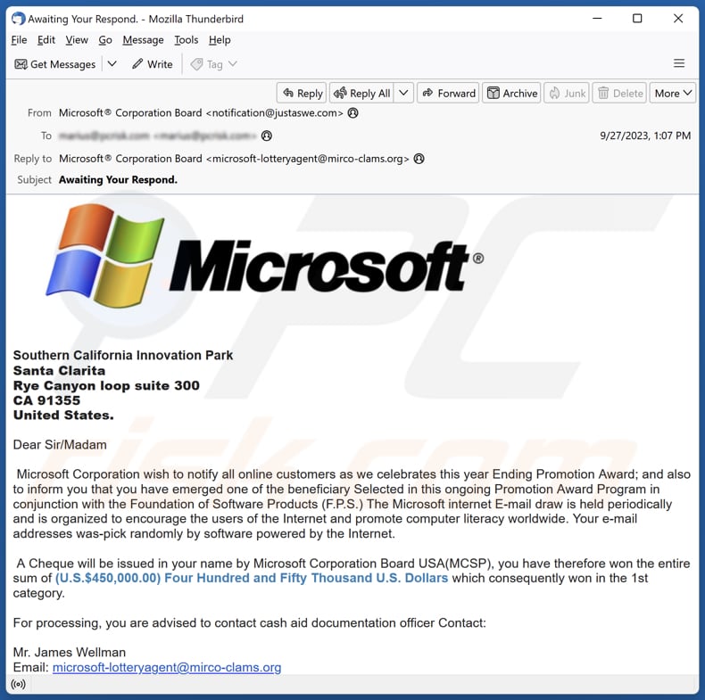 Fraude lotaria de Microsoft Ending Promotion Award