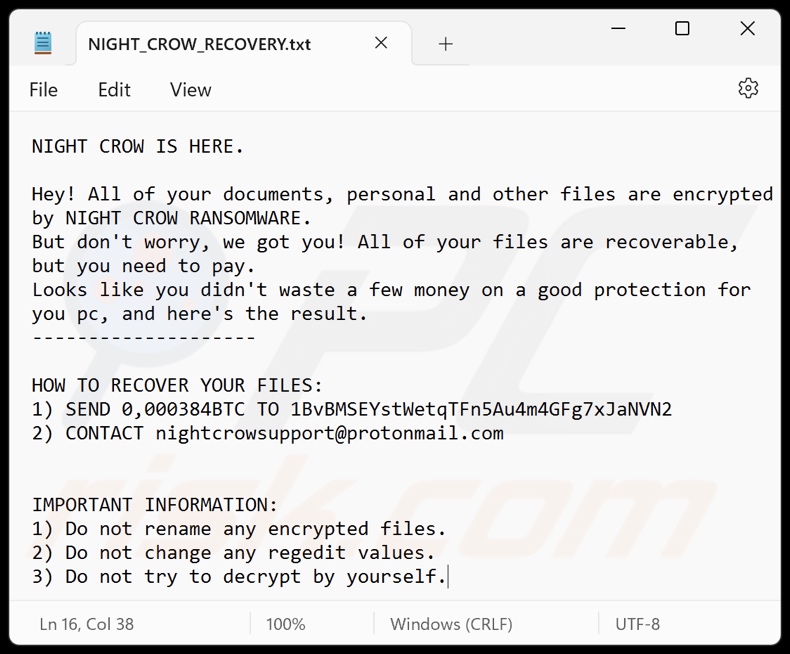 Nota de resgate do ransomware NIGHT CROW (NIGHT_CROW_RECOVERY.txt)