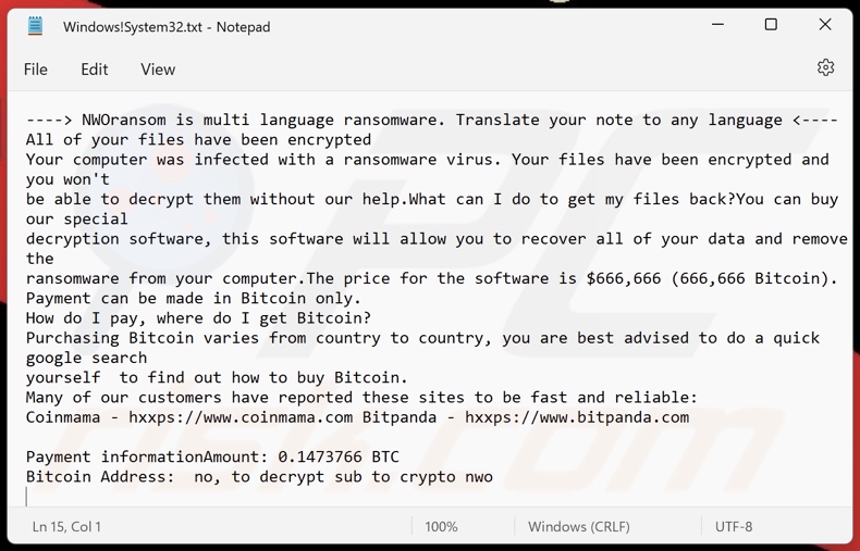 Nota de resgate do ransomware NWOransom (Windows!System32.txt)