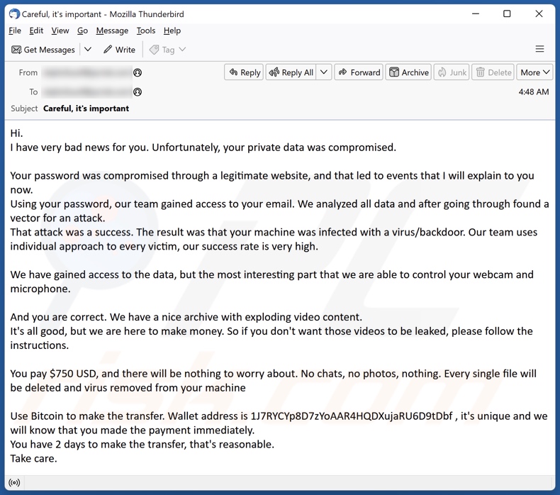 email de spam Password Was Compromised Through A Legitimate Website campaign
