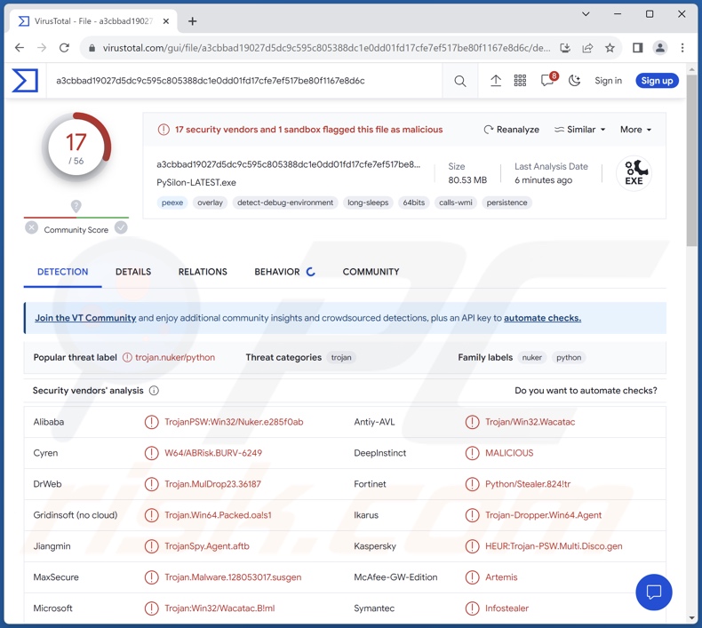 Detecções do malware PySilon no VirusTotal