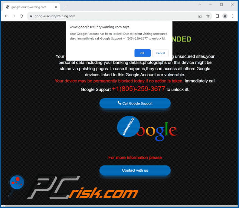 A aparência da fraude Your Google Account Has Been Locked! (GIF)