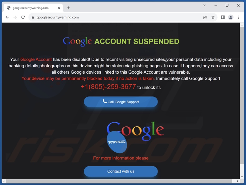 Página de fundo da fraude Your Google Account Has Been Locked!