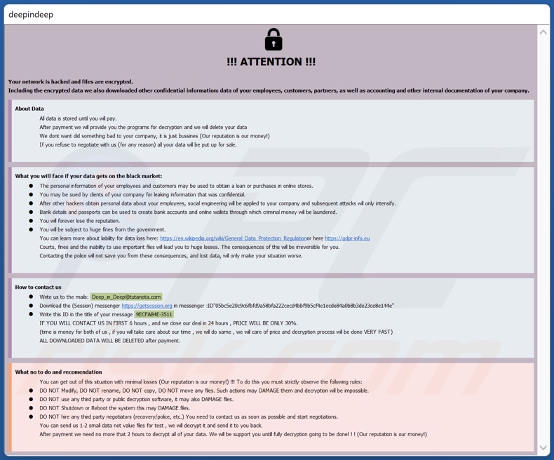 Nota de resgate do ransomware DeepInDeep (info.hta)