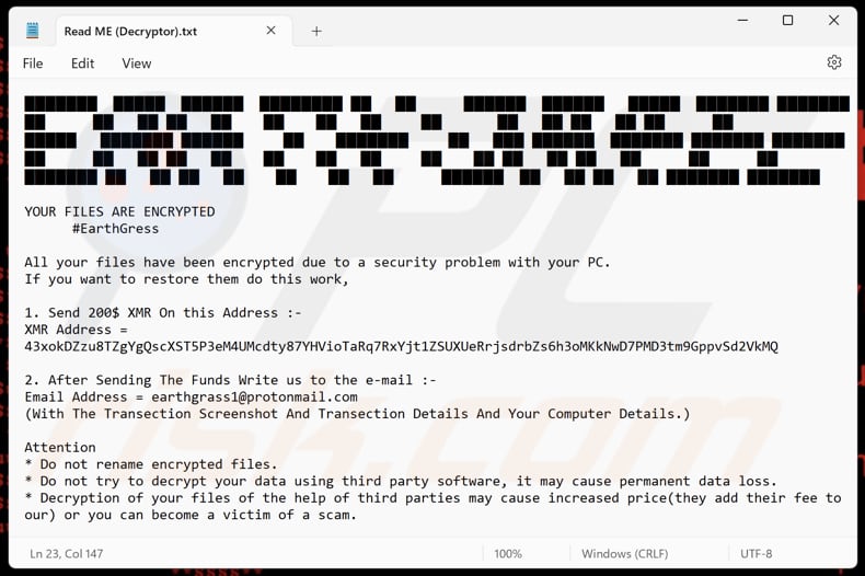 Ficheiro de texto do ransomware EARTH GRASS (Read ME (Decryptor).txt)
