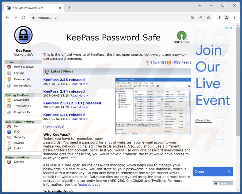 Site real do KeePass com malware Fakebat