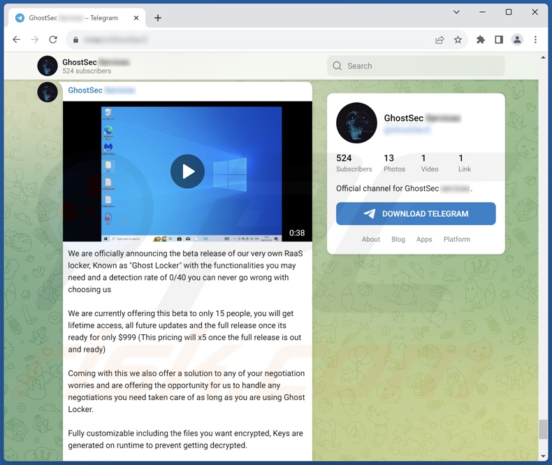 Promoção do ransomware GhostLocker no Telegram