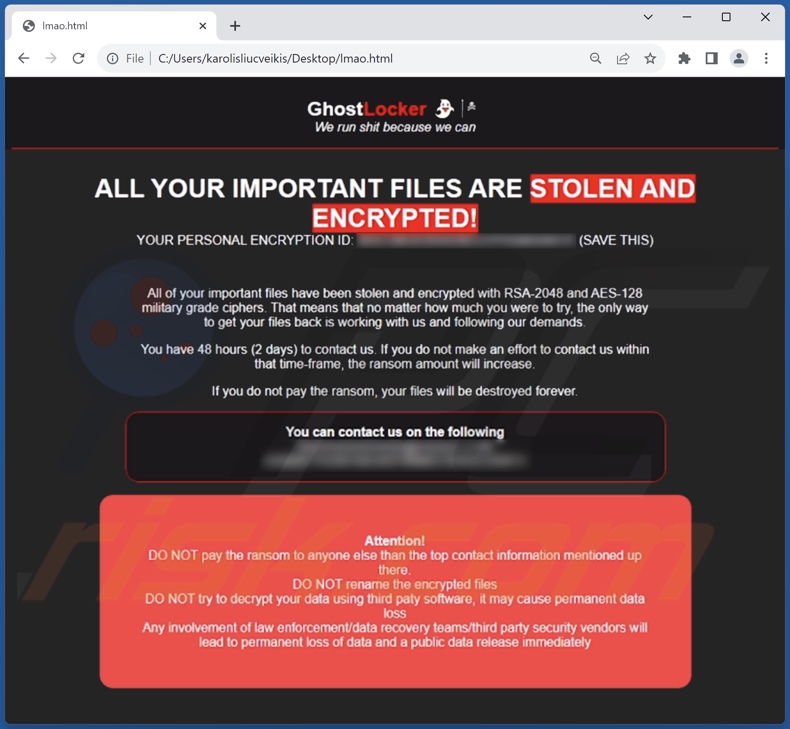 Nota de resgate do ransomware GhostLocker (lmao.html)