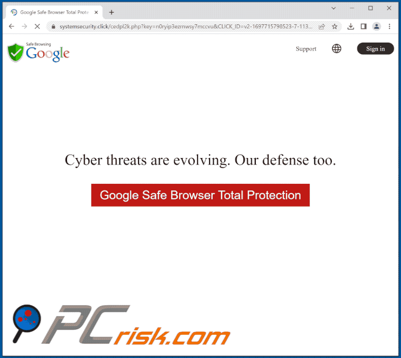 Aparência da fraude Google Safe Browser Total Protection (GIF)