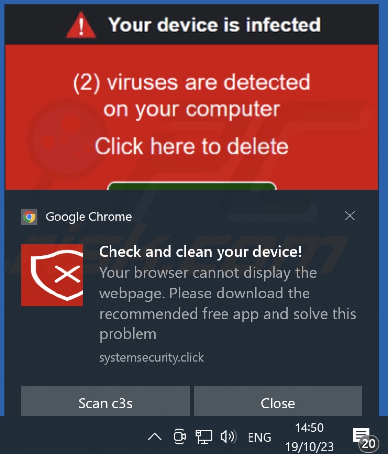 Anúncio apresentado por uma página web com a fraude do Google Safe Browser Total Protection (systemsecurity[.]click)