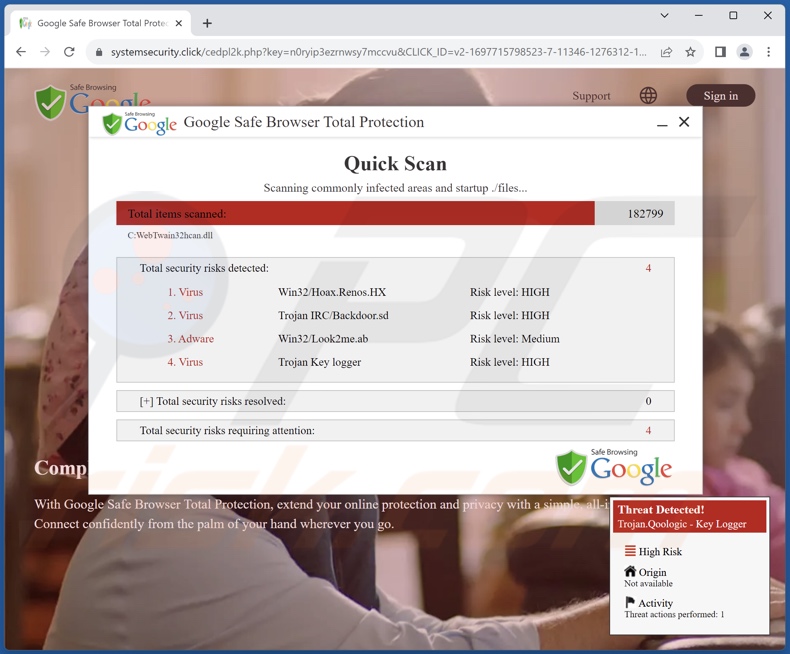 Fraude do Google Safe Browser Total Protection (página de fundo)