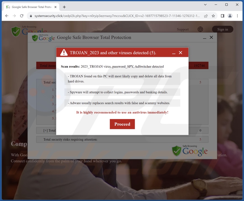 Fraude pop-up do Google Safe Browser Total Protection