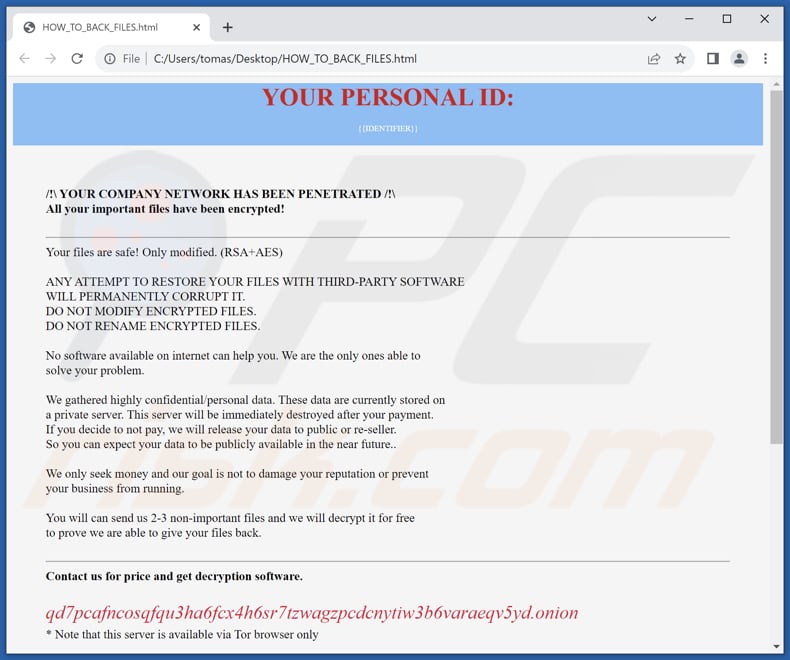 Ficheiro HTML do ransomware Hazard (HOW_TO_BACK_FILES.html)