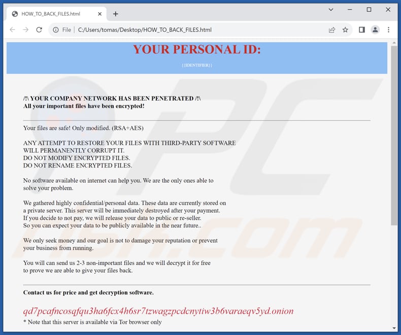 Ficheiro HTML do ransomware Hazard (HOW_TO_BACK_FILES.html)