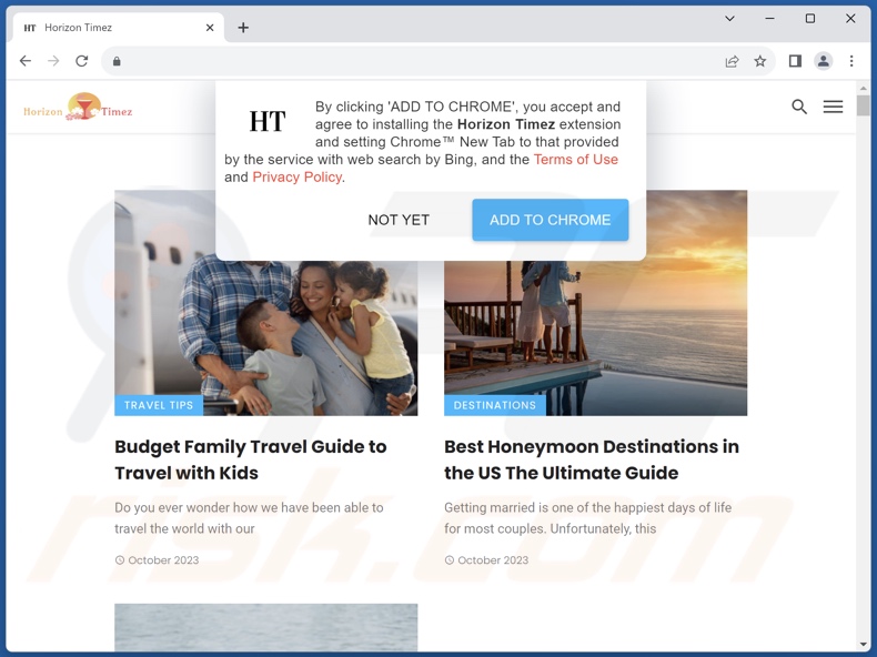 Site utilizado para promover o sequestrador de navegador Horizon Timez