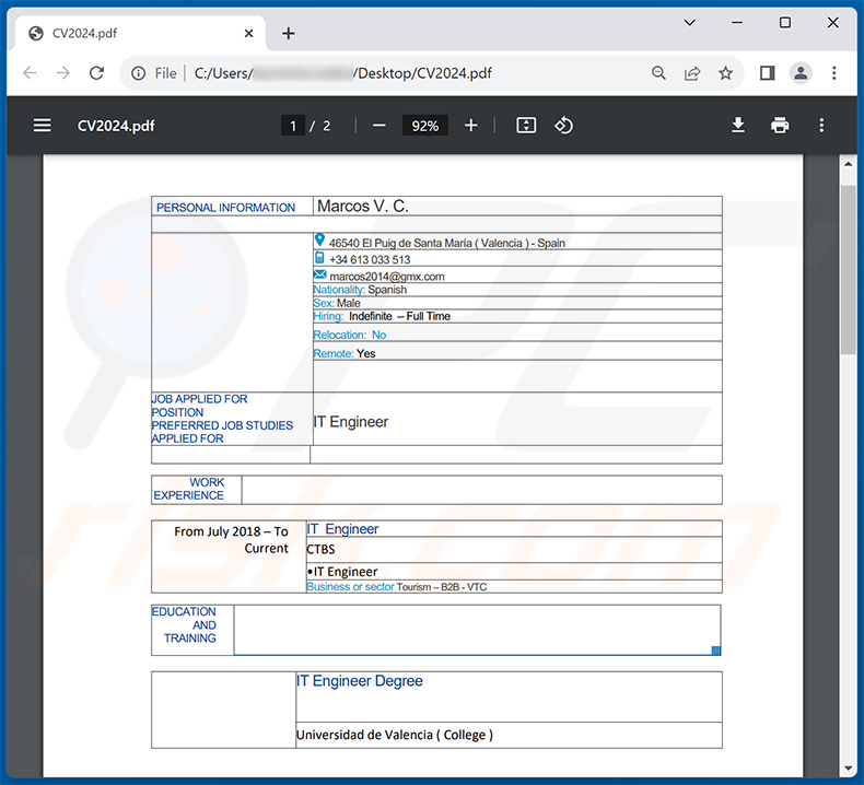 Documento PDF distribuído por email através da fraude dos RH (Human Resources) (2023-10-16)