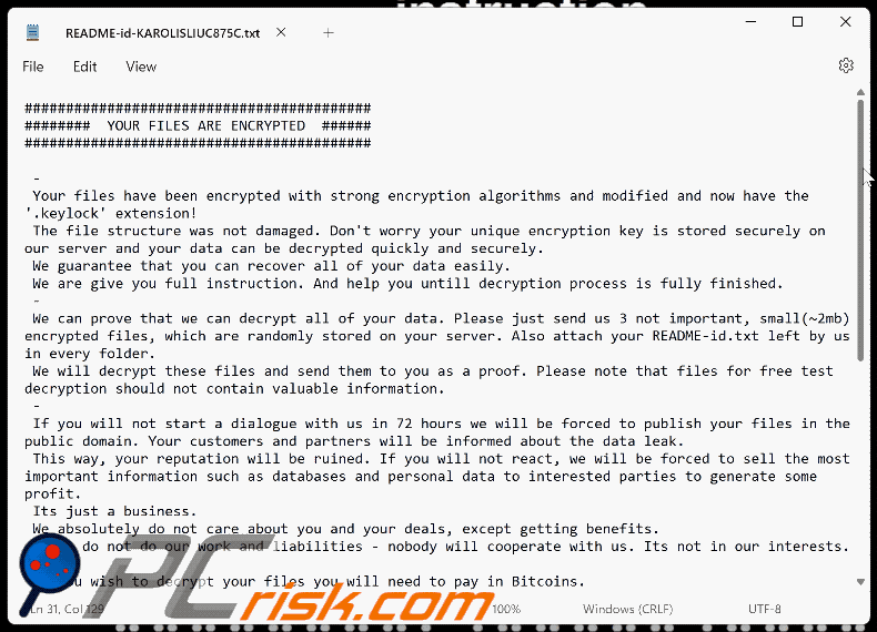 Nota de resgate do ransomware Keylock (README-id-[username].txt) GIF
