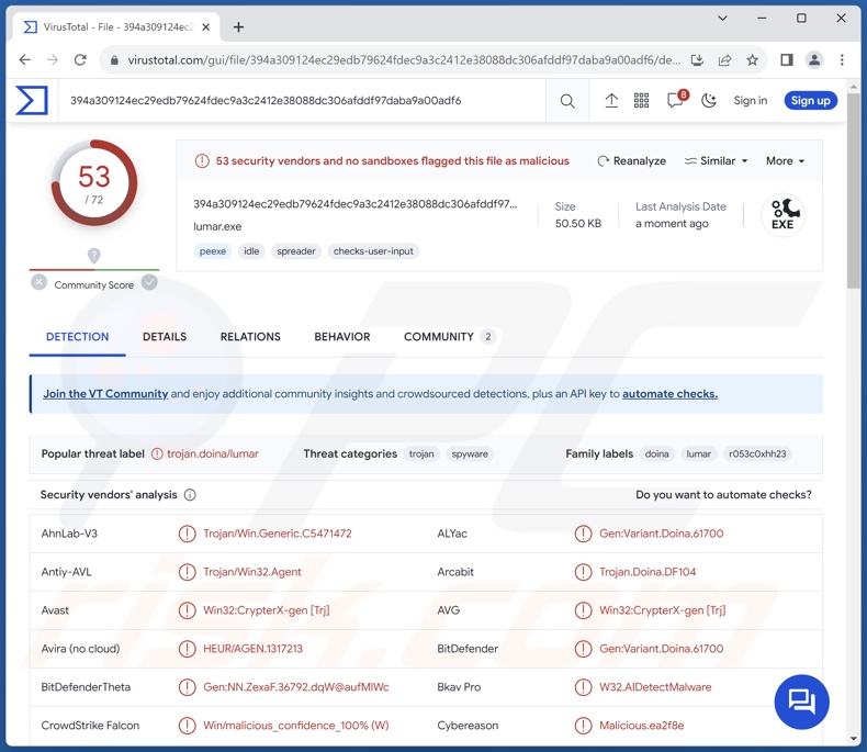 Detecções do malware Lumar no VirusTotal