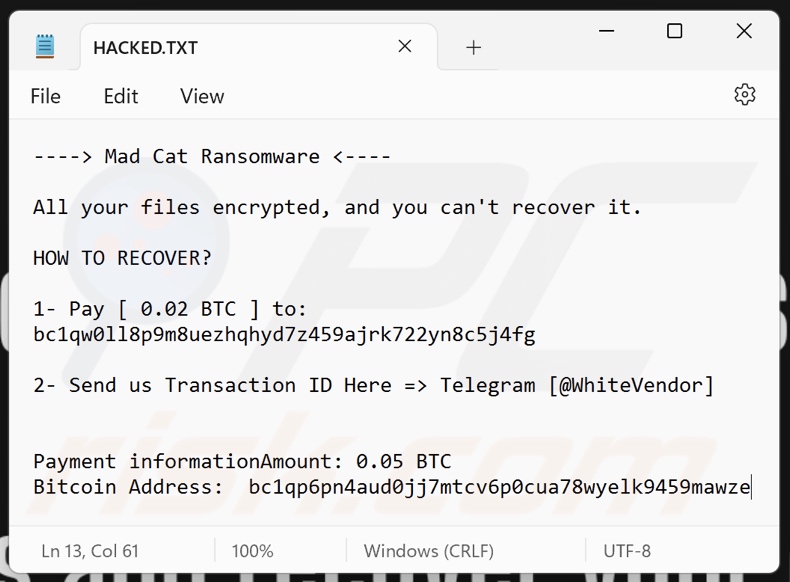 Nota de resgate do ransomware Mad Cat (HACKED.txt)