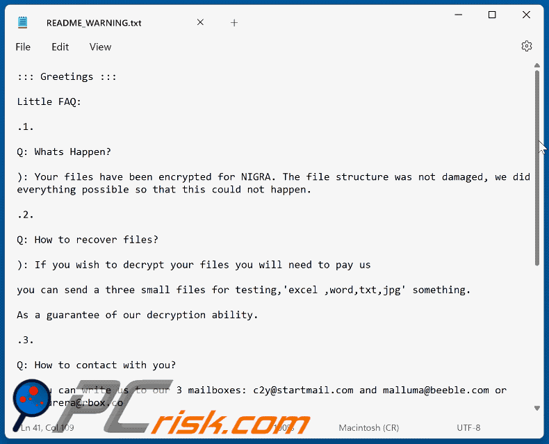 Nota de resgate do ransomware Nigra (README_WARNING.txt) GIF