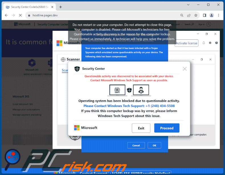 Aparência de Operating System Blocked Due To Questionable Activity fraude (GIF)