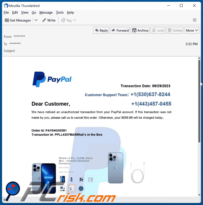 Aparência da fraude por email PayPal - Unauthorized Transaction