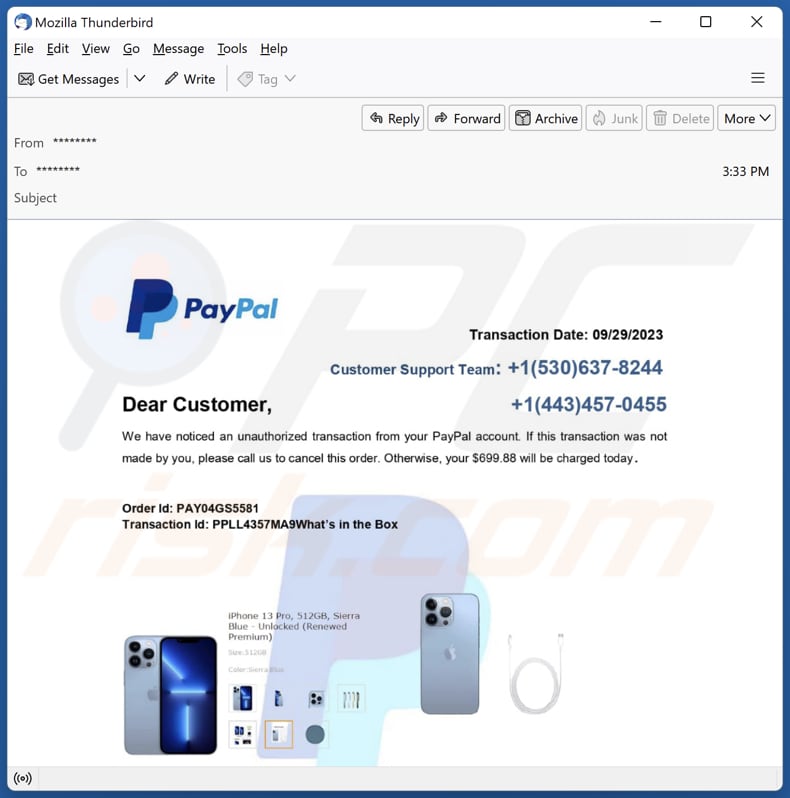 Campanha de spam por email PayPal - Unauthorized Transaction