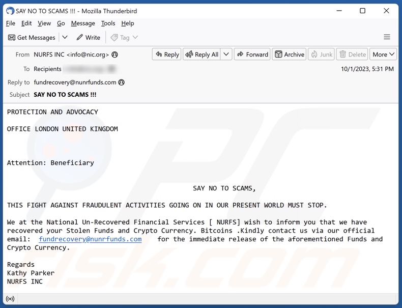 campanha de email spam Recovered Stolen Funds And Crypto Currency 